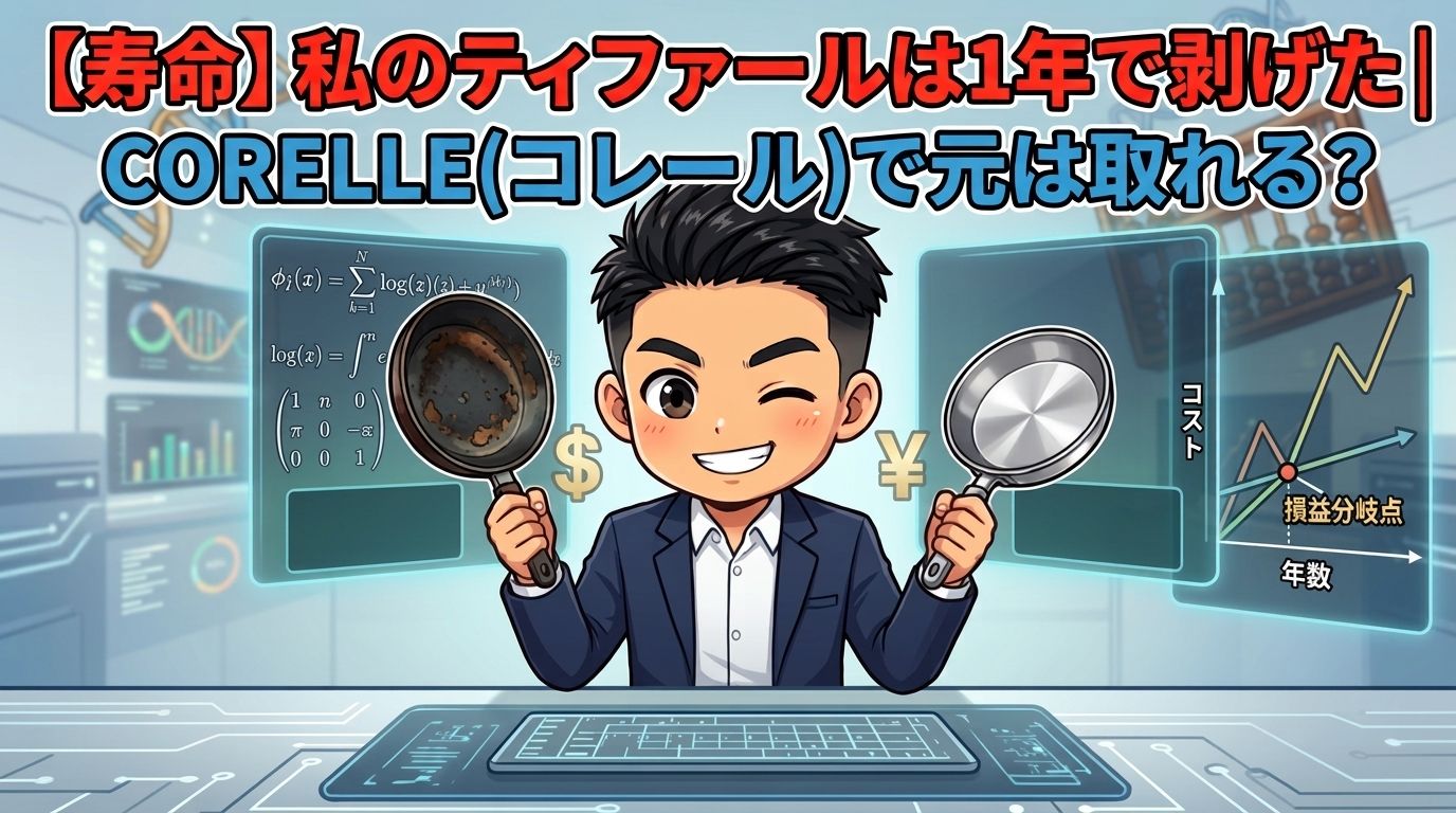 私のティファールは1年で剥げた。コレールで元は取れるかを計算するイラスト