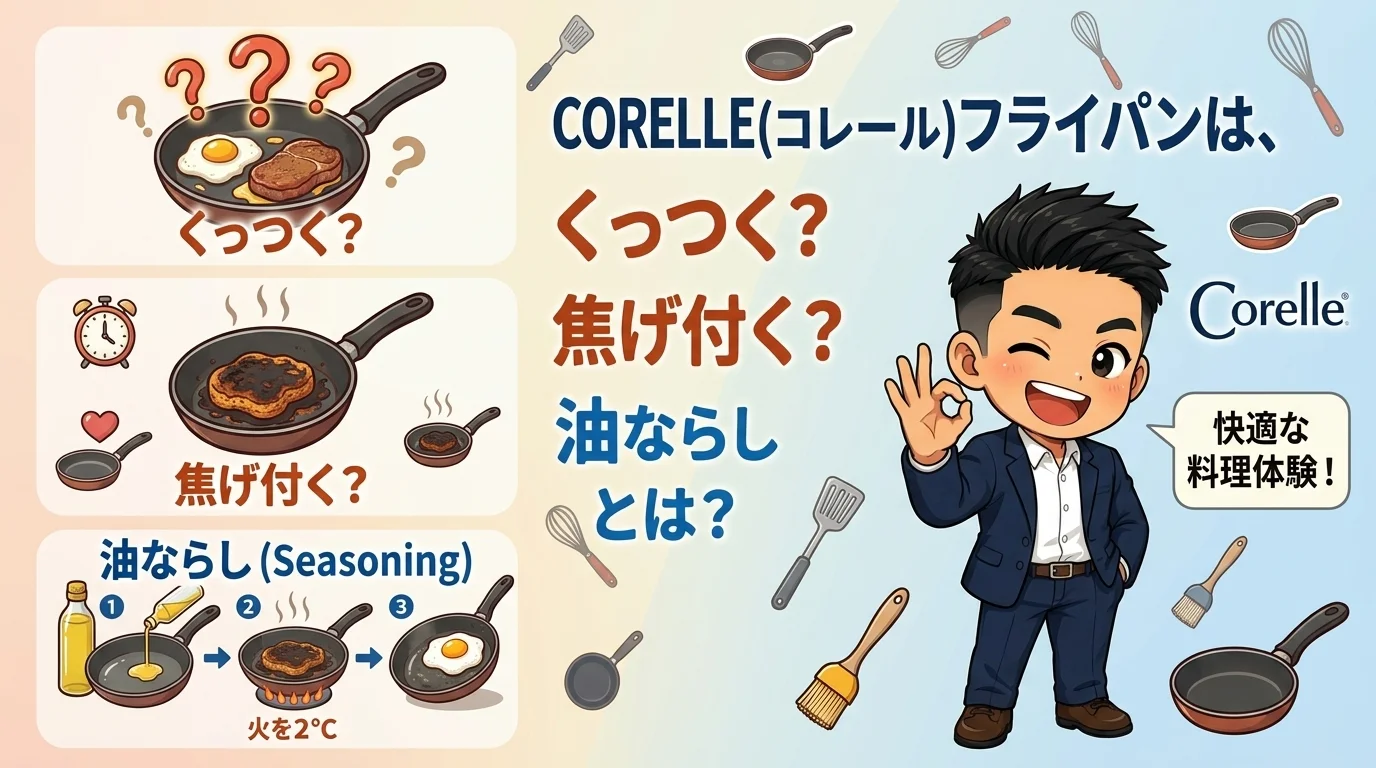 コレールフライパンのくっつく・焦げ付く・油ならしを解説するイラスト