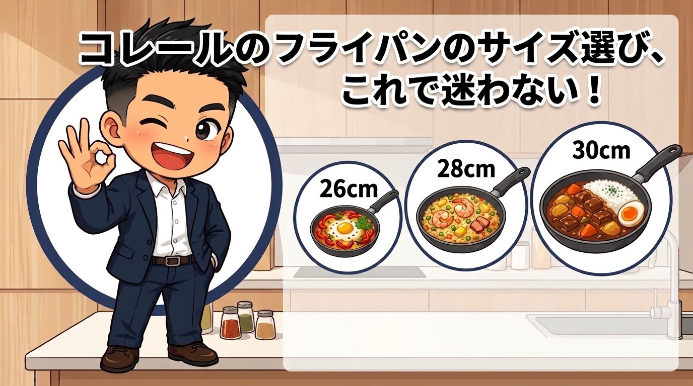 CORELLEフライパンのサイズ選びを解説するイラスト