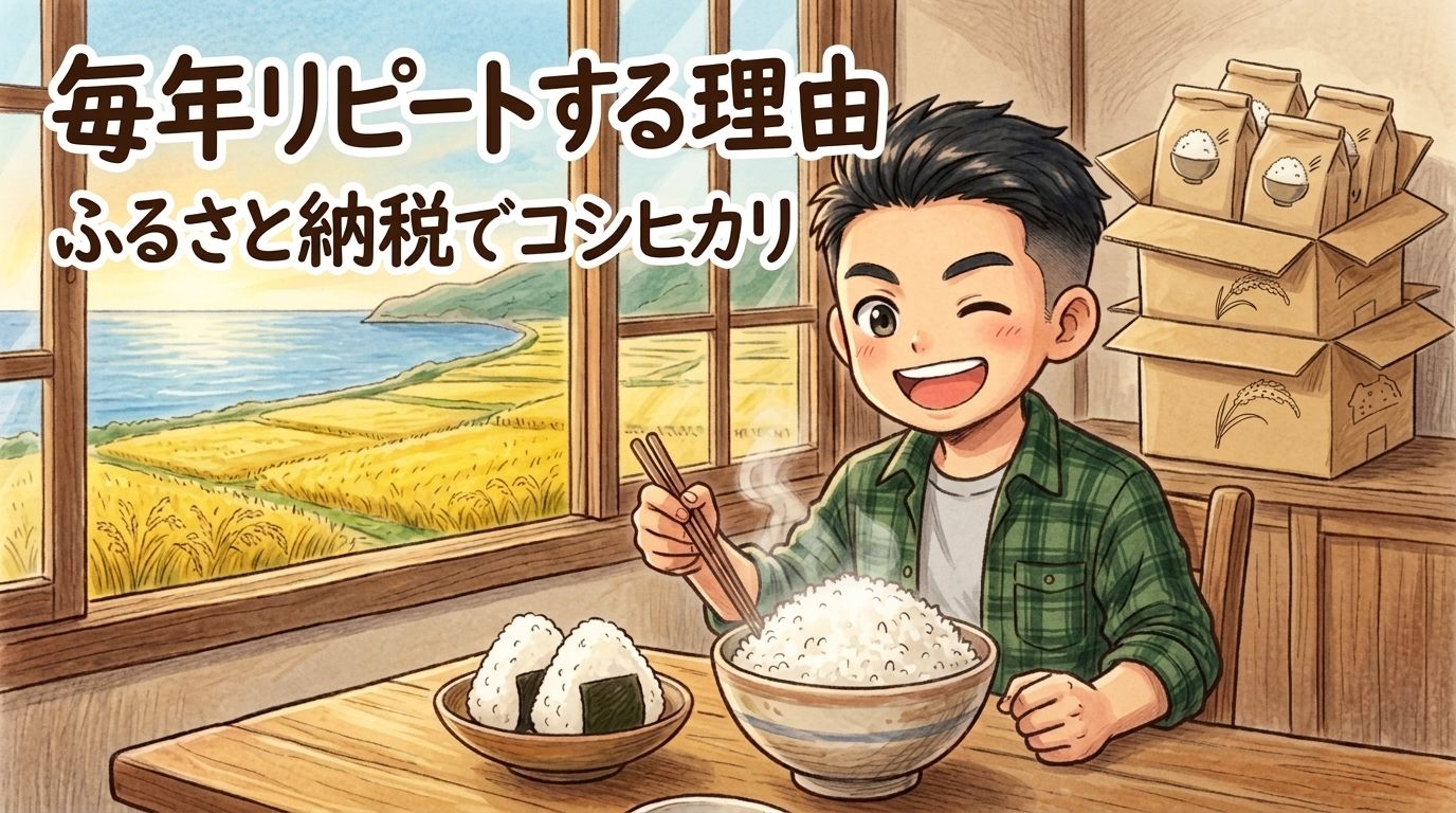 三重県明和町のふるさと納税米（コシヒカリ）を毎年リピートする理由を表すイラスト。炊きたてのご飯とおにぎりを笑顔で食べる男性